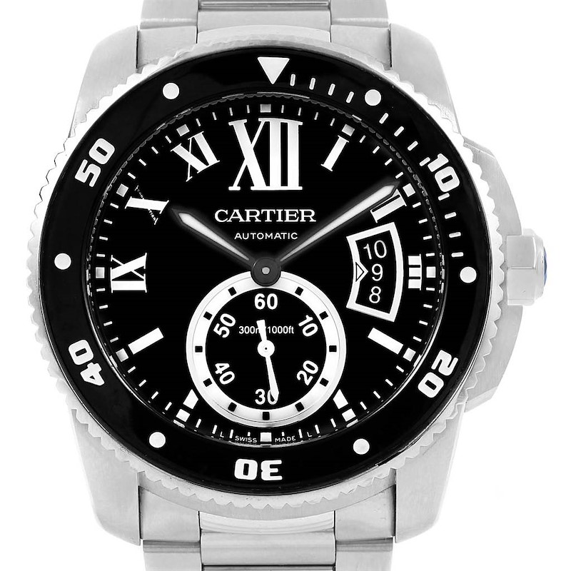 Cartier Calibre Diver Black Dial Steel Mens Watch W7100057 Box Papers SwissWatchExpo