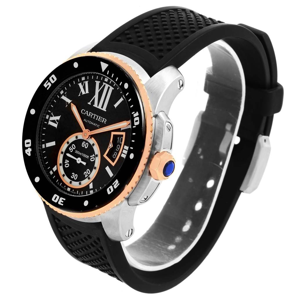 This image shows a side profile of the Calibre de Cartier watch by Cartier, featuring its face, strap, bezel, and crown.