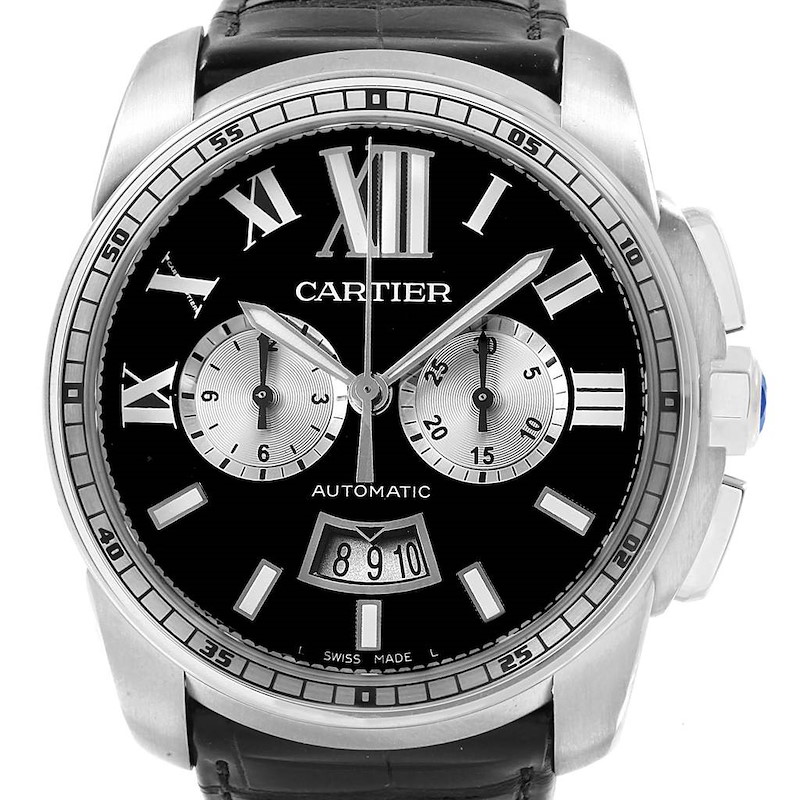 Cartier Calibre Chronograph Black Dial Steel Mens Watch W7100060 Unworn SwissWatchExpo