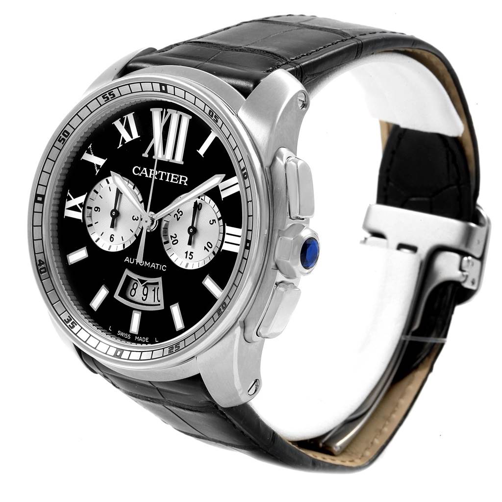 The image shows a side angle of the Calibre de Cartier watch by Cartier, highlighting the face, bezel, strap, and crown.