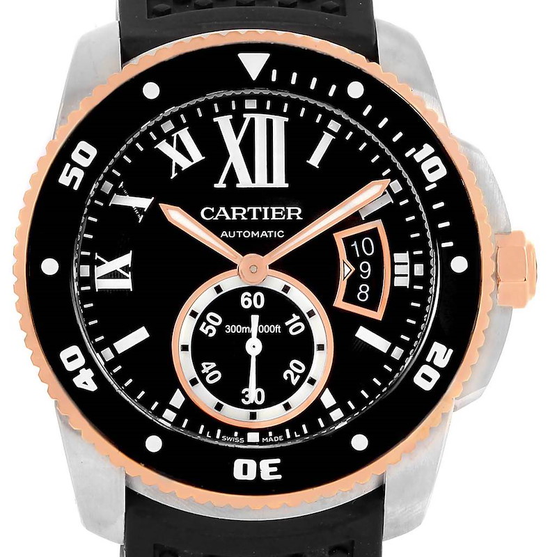 Cartier Calibre Diver Steel Rose Gold Rubber Strap Mens Watch W7100055 SwissWatchExpo
