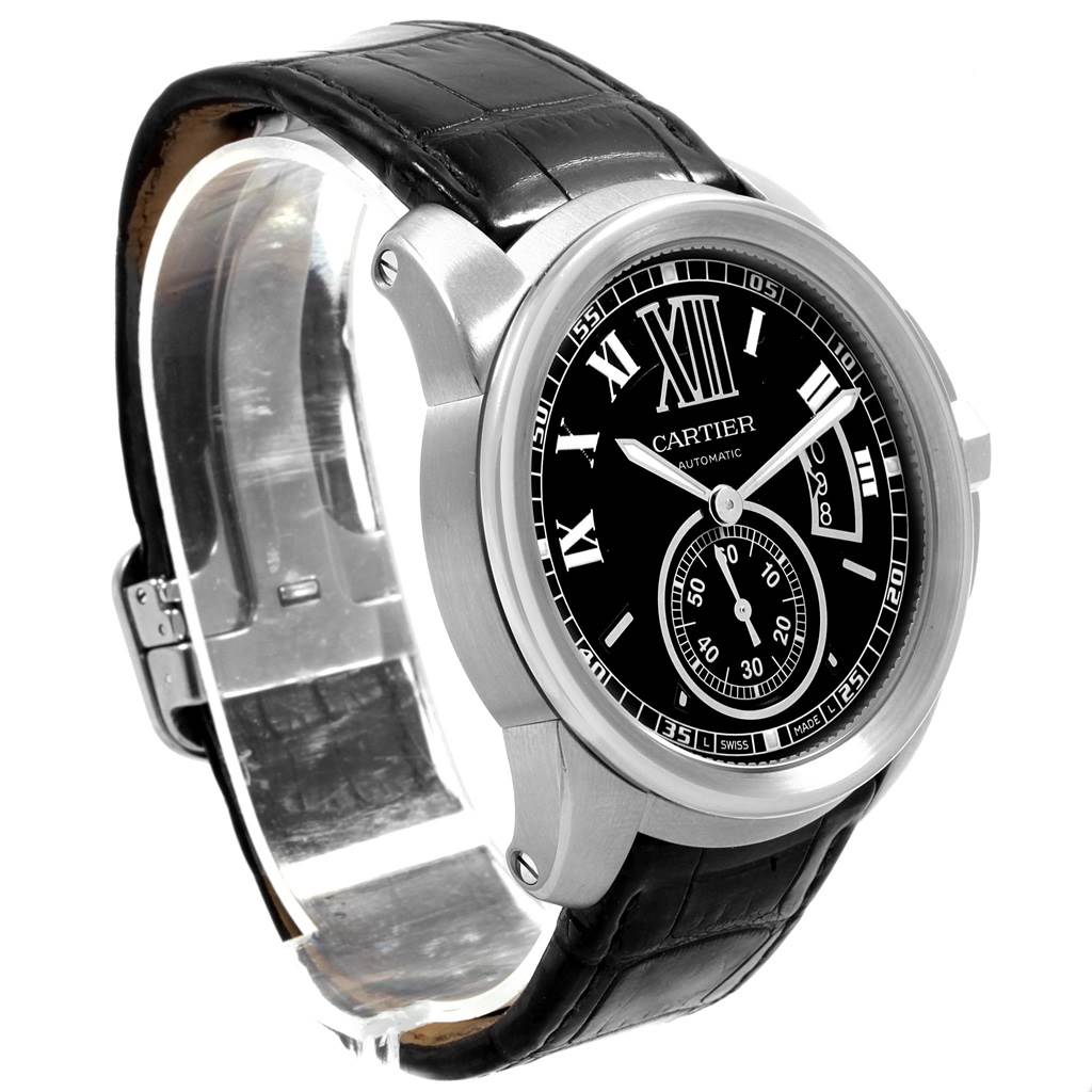 This image shows a Calibre de Cartier watch by Cartier from a front-right angle, highlighting the watch face and leather strap.