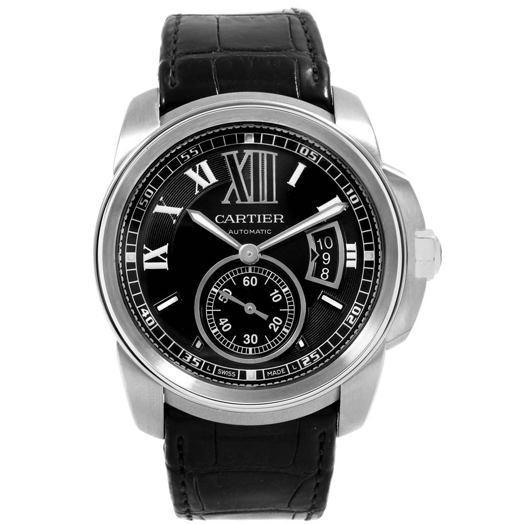 This image shows a front view of the Calibre de Cartier watch by Cartier, highlighting the black dial, Roman numerals, and leather strap.