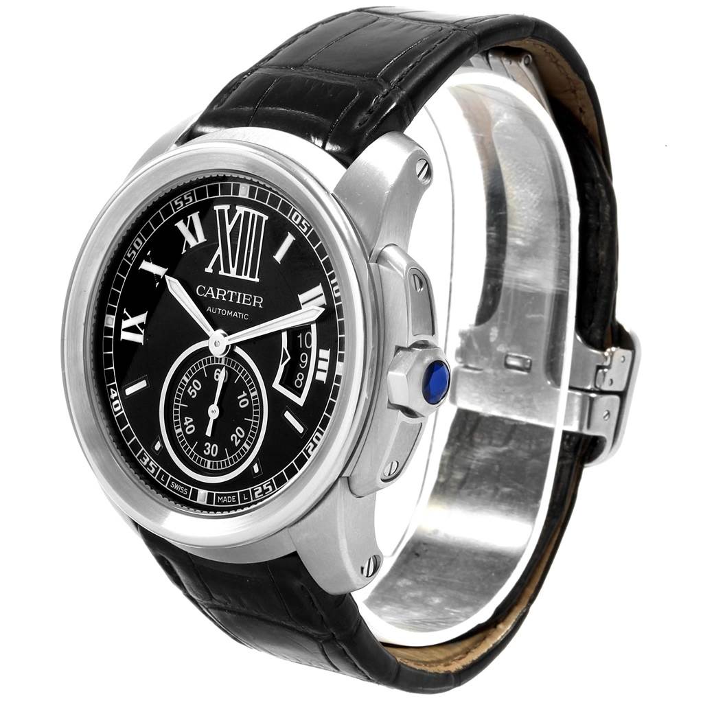 This Calibre de Cartier by Cartier watch is shown at a three-quarter angle, displaying the face, bezel, crown, and strap.