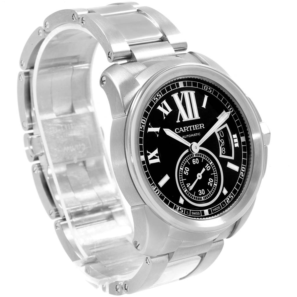 The image shows a Calibre de Cartier watch by Cartier from an angled side view, showcasing its face, case, and metal bracelet.