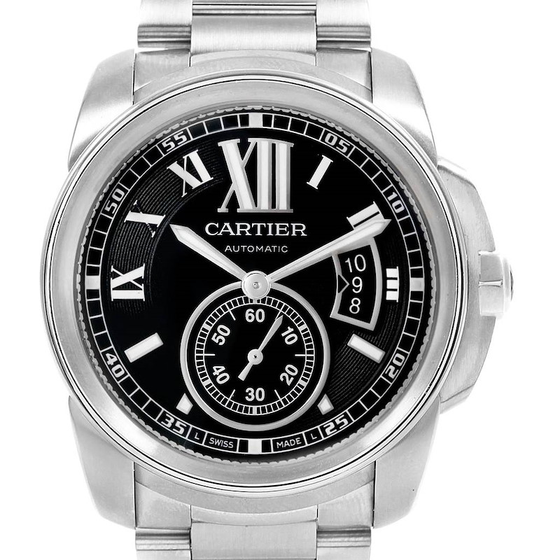 Calibre De Cartier Stainless Steel Black Dial Mens Watch W7100016 SwissWatchExpo
