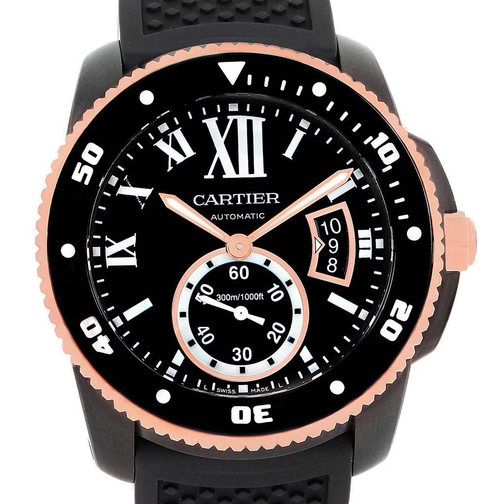 The image shows a front view of a Calibre de Cartier watch by Cartier, highlighting the dial, hands, markers, and date display.