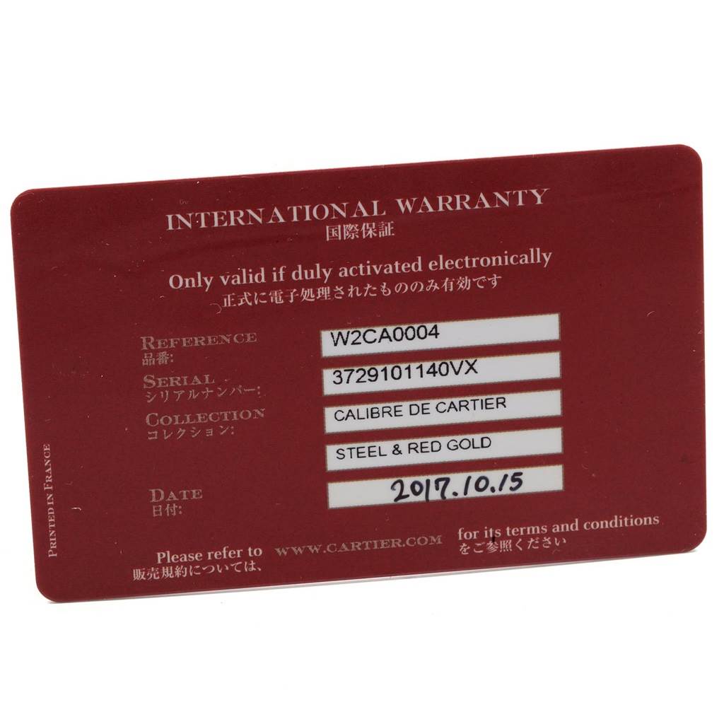 The image shows the warranty card for the Calibre de Cartier model by Cartier.