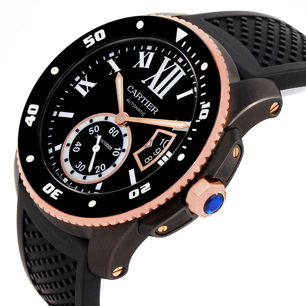 The image shows a close-up angle of the Calibre de Cartier watch by Cartier, highlighting the dial, bezel, and crown.