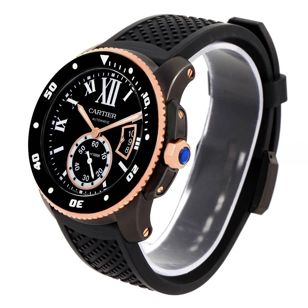 The image shows a side and front angle of the Calibre de Cartier watch by Cartier, highlighting the watch face, bezel, and strap.