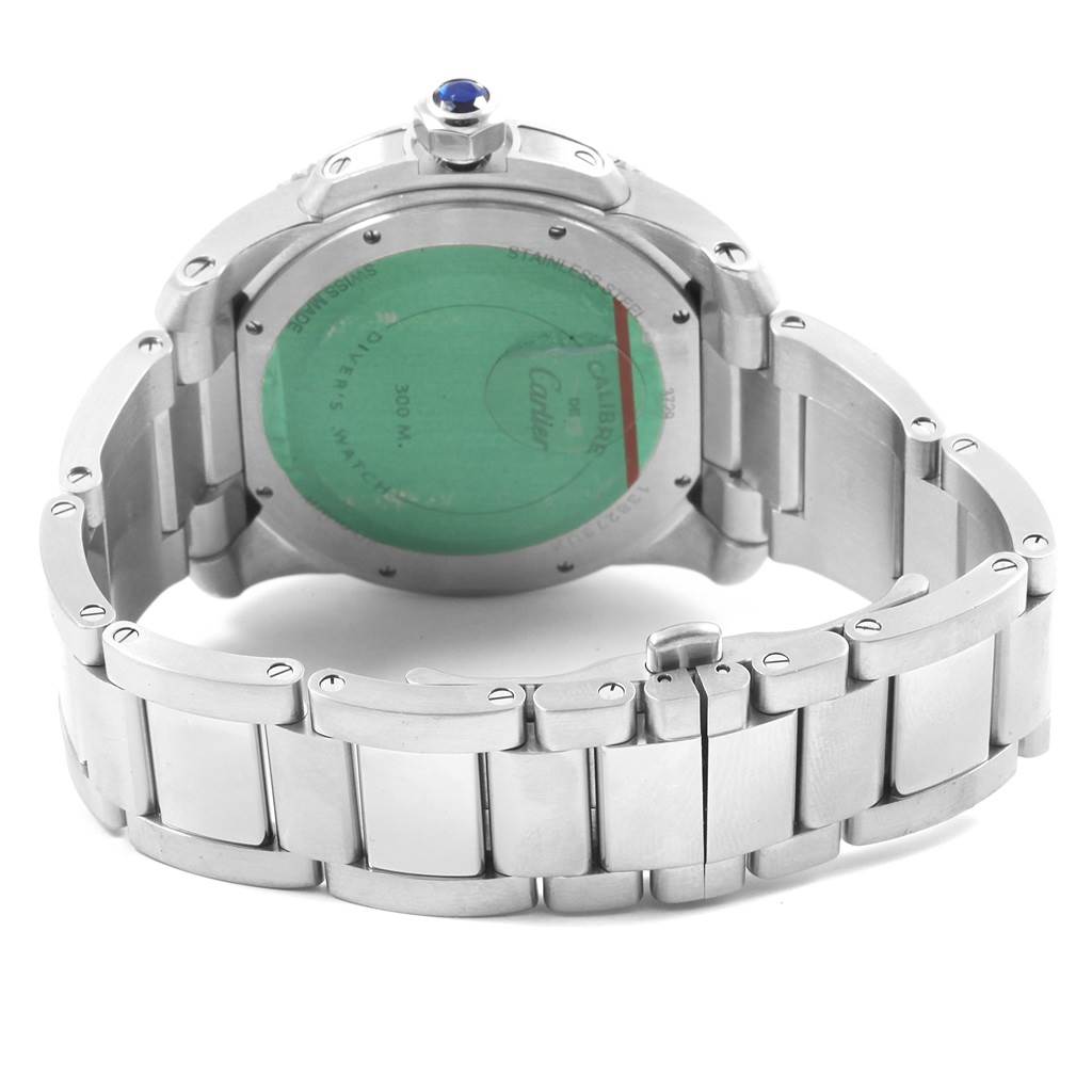 This image shows the back case and bracelet of a Calibre de Cartier watch by Cartier from a rear angle.