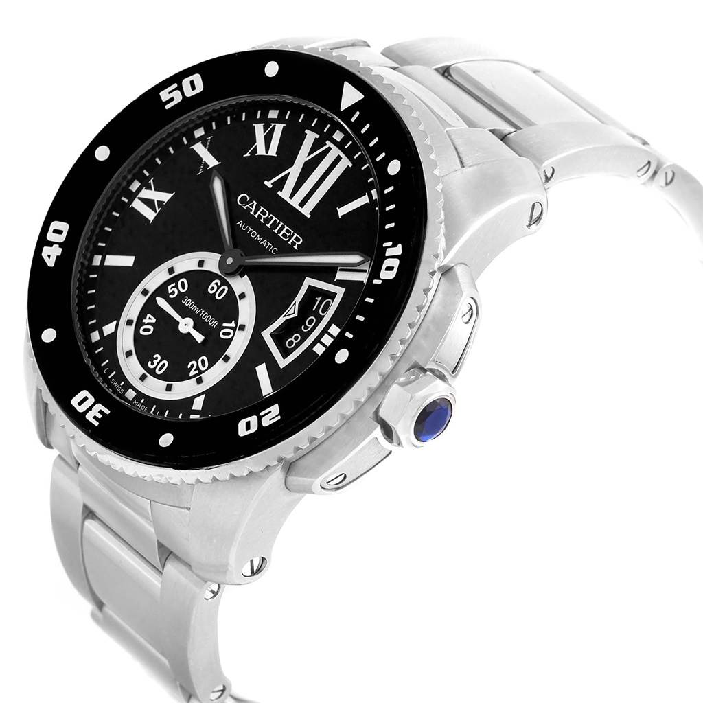 This image shows the Calibre de Cartier watch from a slight side angle, highlighting the face, bezel, and metal bracelet.