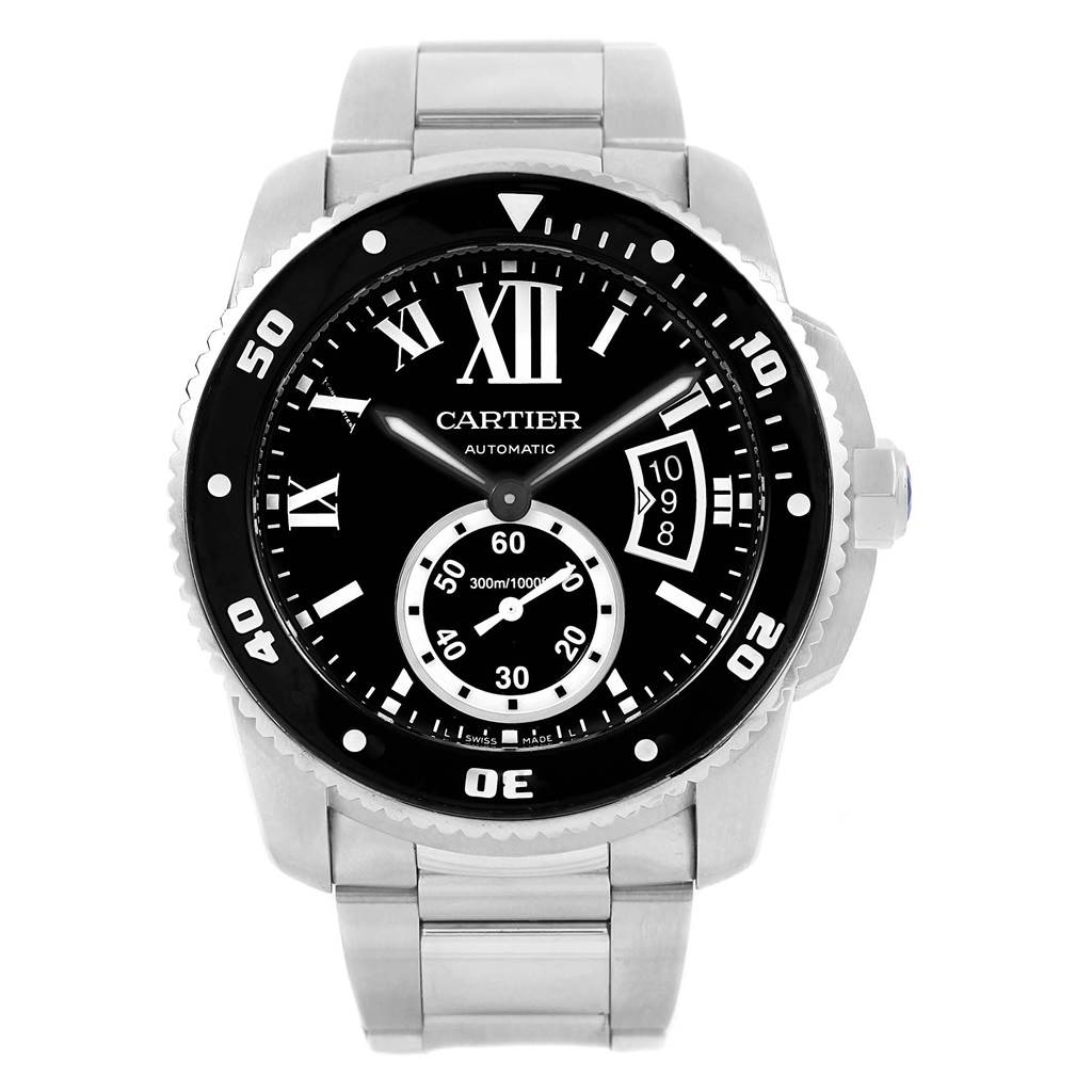 This Calibre de Cartier watch by Cartier is shown from the front, displaying the face, bezel, and bracelet.