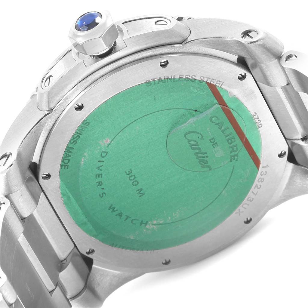 This image shows the back and part of the bracelet of a Calibre de Cartier watch by Cartier.