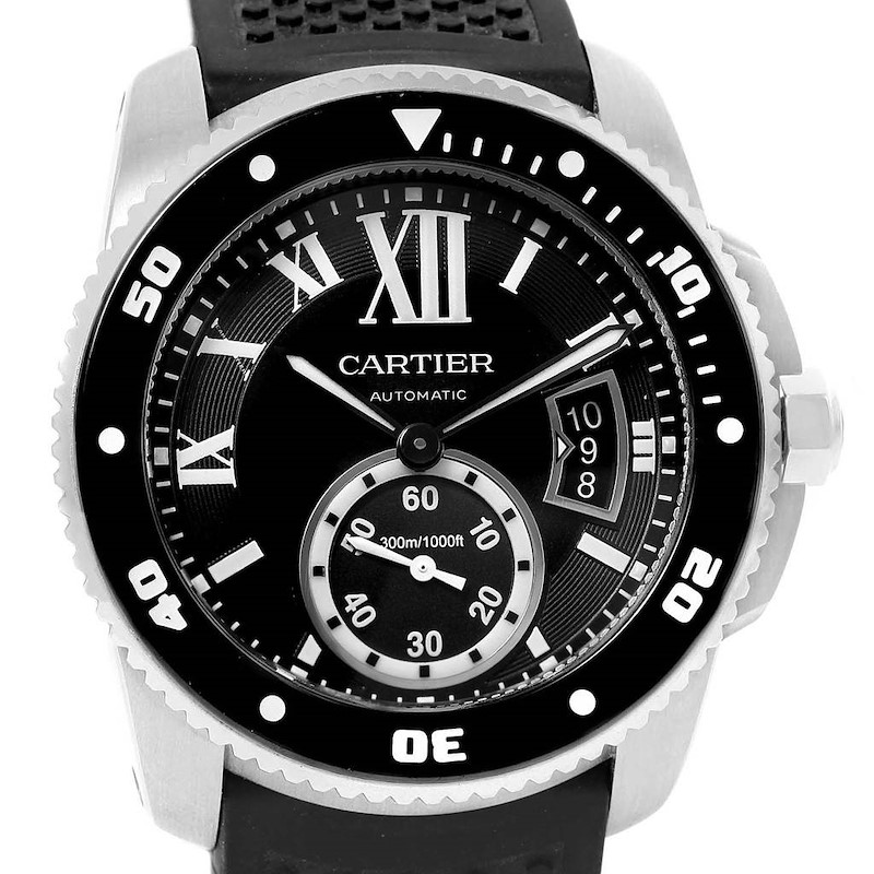 Cartier Calibre Diver Black Dial Rubber Steel Mens Watch W7100056 SwissWatchExpo