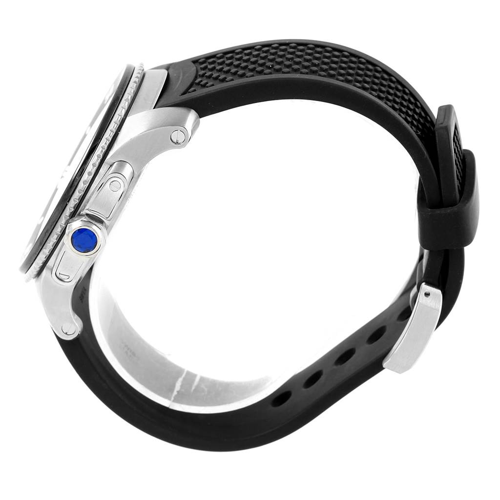 The image shows a side view of the Calibre de Cartier watch by Cartier, focusing on the crown, case, and part of the strap.