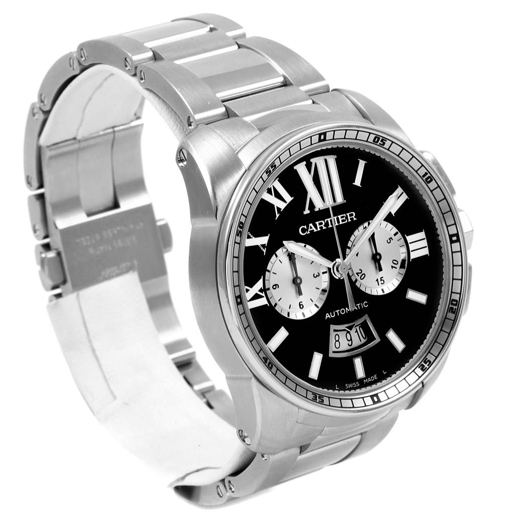 The image shows a side-angle view of the Calibre de Cartier watch by Cartier, highlighting the face and metal bracelet.