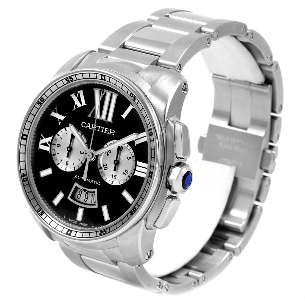 The image shows a Calibre de Cartier watch by Cartier, angled slightly from the front and right, displaying the face, crown, and stainless steel band.