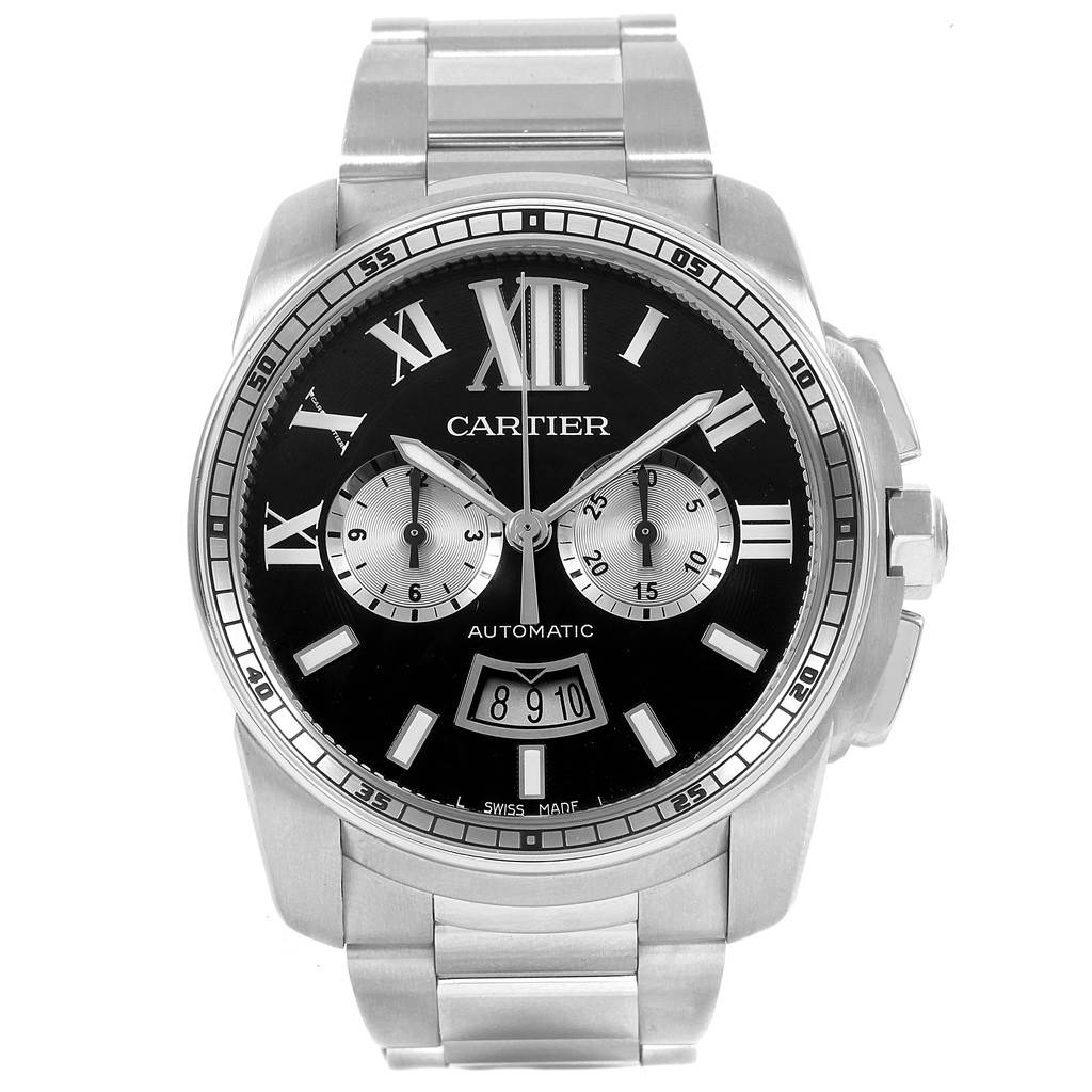 The image shows a front view of a Calibre de Cartier watch by Cartier, highlighting the dial, bezel, and bracelet.