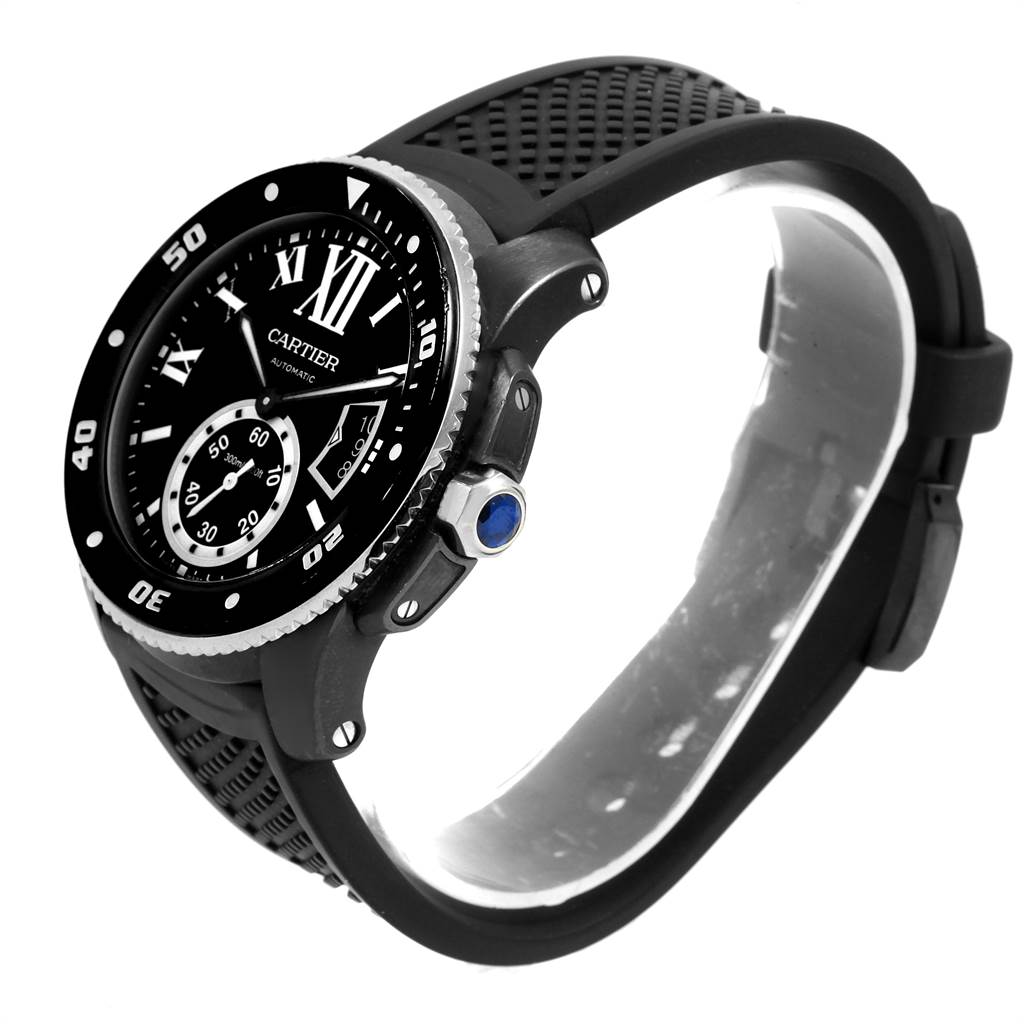The image shows a side and front angle of a Calibre de Cartier watch by Cartier, displaying its face, bezel, and rubber strap.
