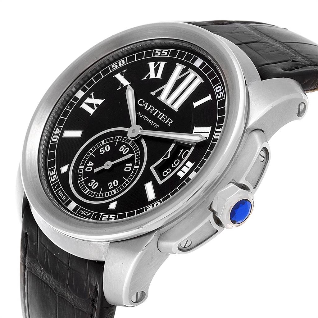 The image displays a side-angle view of a Calibre de Cartier model by Cartier, highlighting the dial, bezel, and crown.