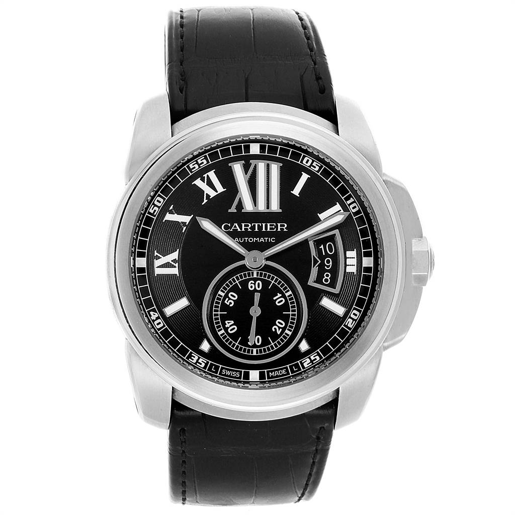 The image shows a front view of the Calibre de Cartier watch by Cartier, highlighting its dial, bezel, and strap.