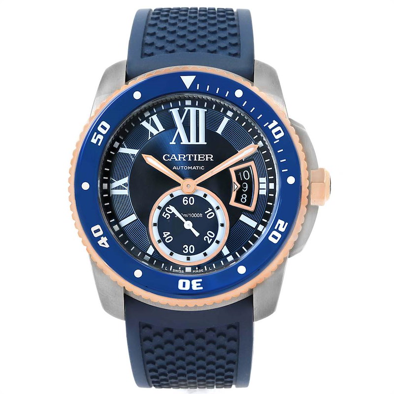 Cartier Calibre Diver Steel Rose Gold Blue Strap Watch W2CA0009 Box Card SwissWatchExpo