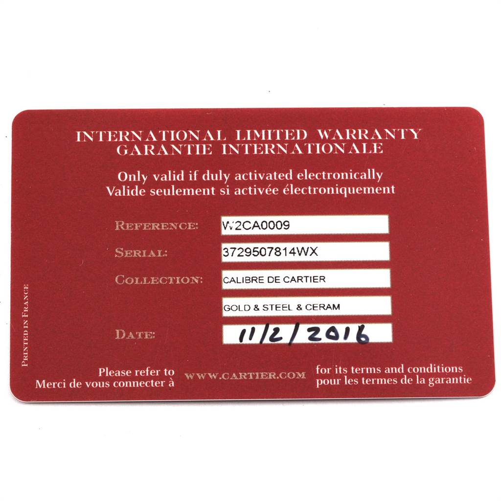 The image shows an international limited warranty card for the Calibre de Cartier model by Cartier.