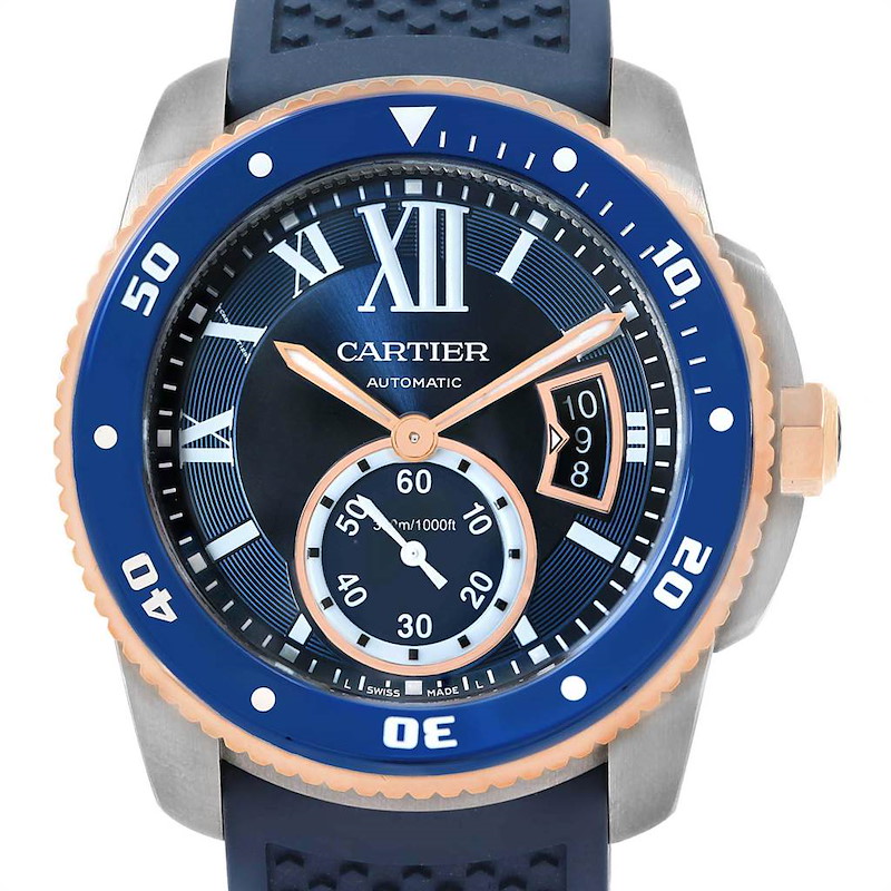 Cartier Calibre Diver Steel Rose Gold Blue Strap Watch W2CA0009 Box Card SwissWatchExpo