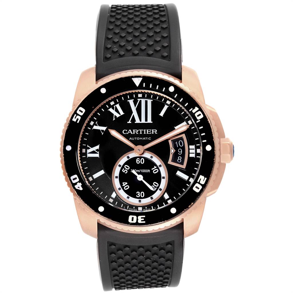 rose gold watch with black dial