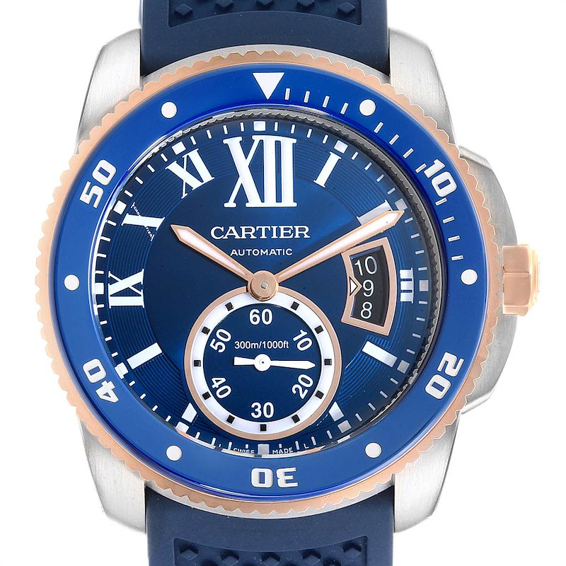 Cartier Calibre Diver Steel Rose Gold Blue Rubber Strap Watch W2CA0009 Box Card SwissWatchExpo