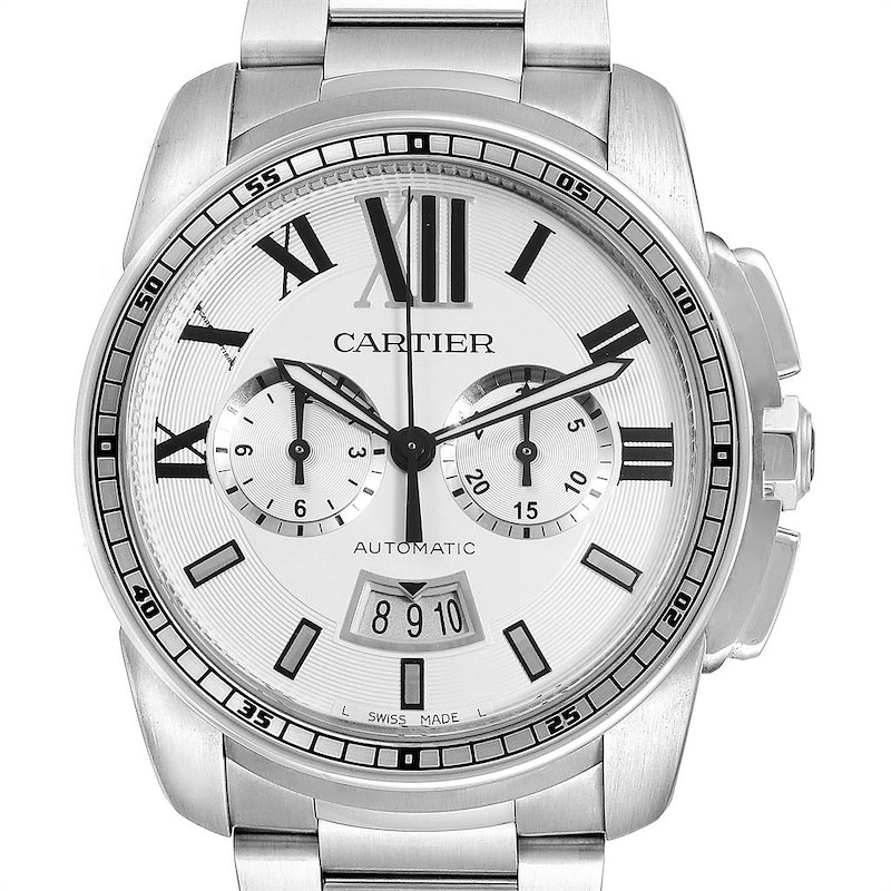 Cartier Calibre Silver Dial Chronograph Mens Watch W7100045 Box Papers SwissWatchExpo