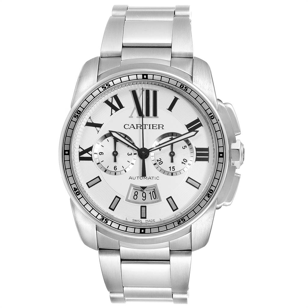 This Calibre de Cartier watch by Cartier is shown from the front, displaying the dial, bezel, and bracelet.