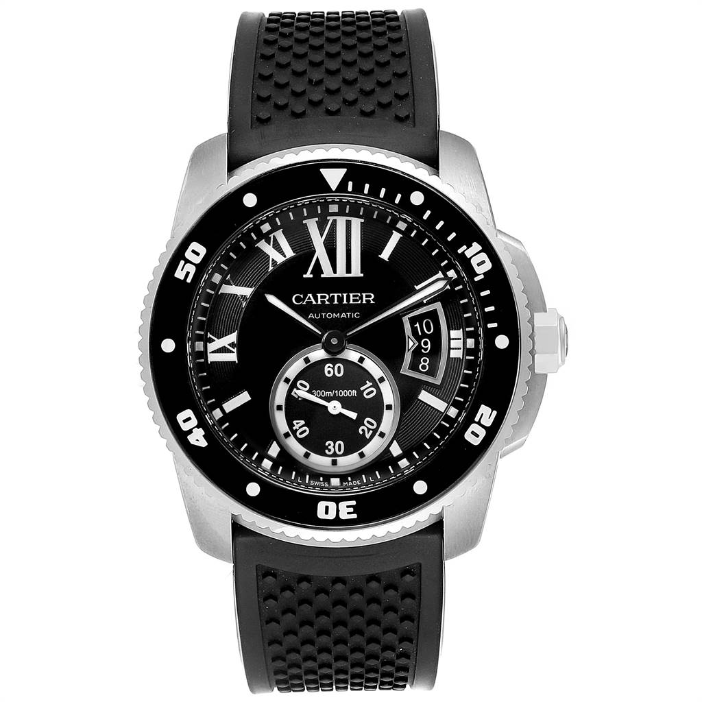 The Calibre de Cartier watch by Cartier is shown from a front angle, displaying its face, bezel, and strap.