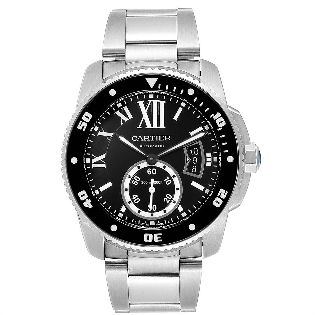 This is a front view of the Calibre de Cartier watch by Cartier, showing the dial, bezel, and stainless steel bracelet.