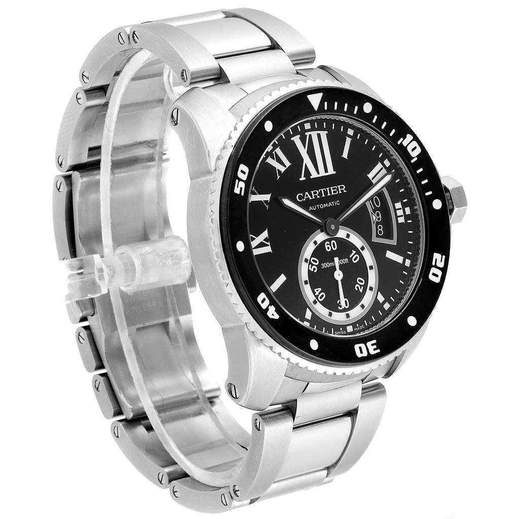 The Calibre de Cartier watch by Cartier is shown at a three-quarter angle, featuring its black dial, bezel, and metal bracelet.