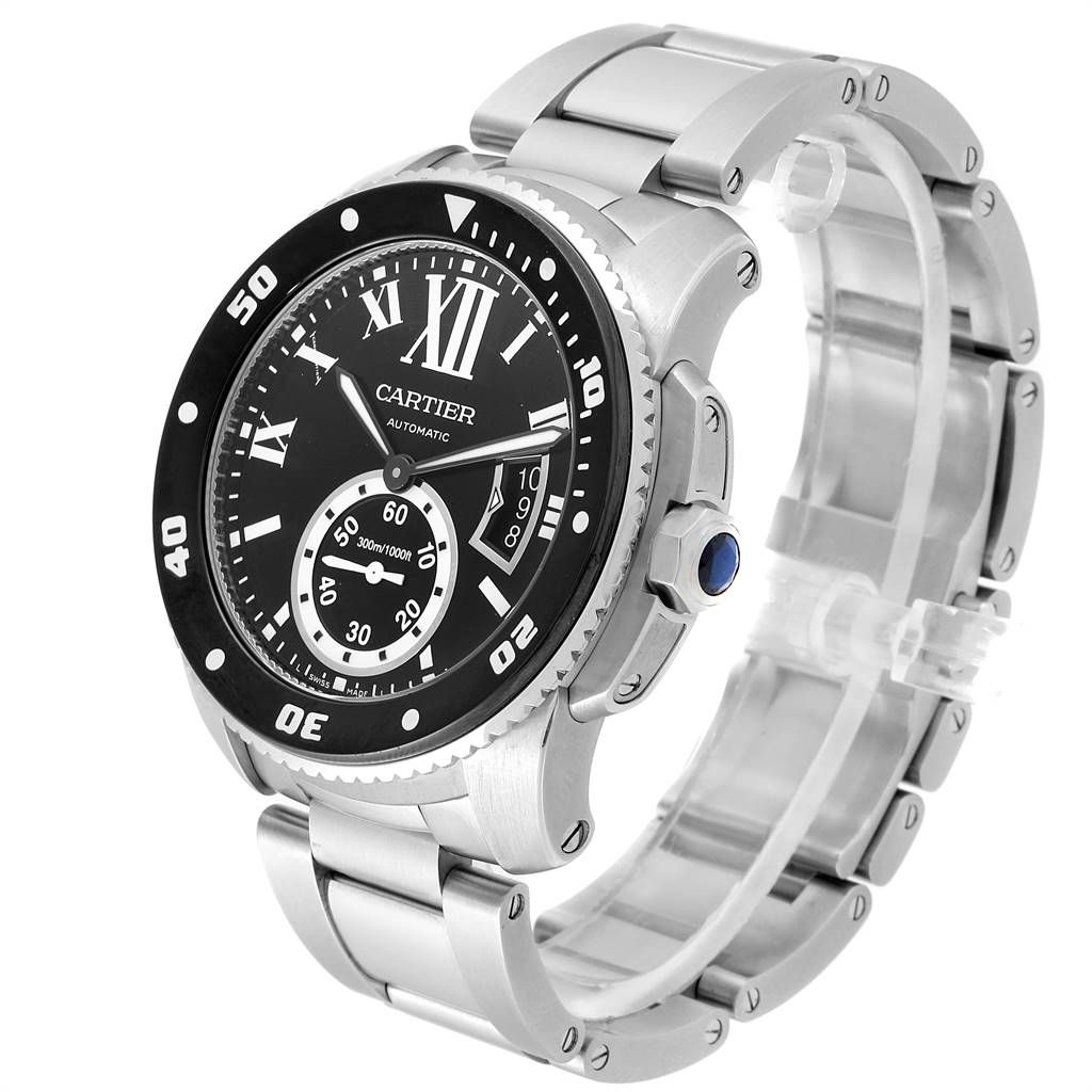 The image shows a side angle of the Calibre de Cartier watch by Cartier, highlighting its face, bezel, and metal bracelet.
