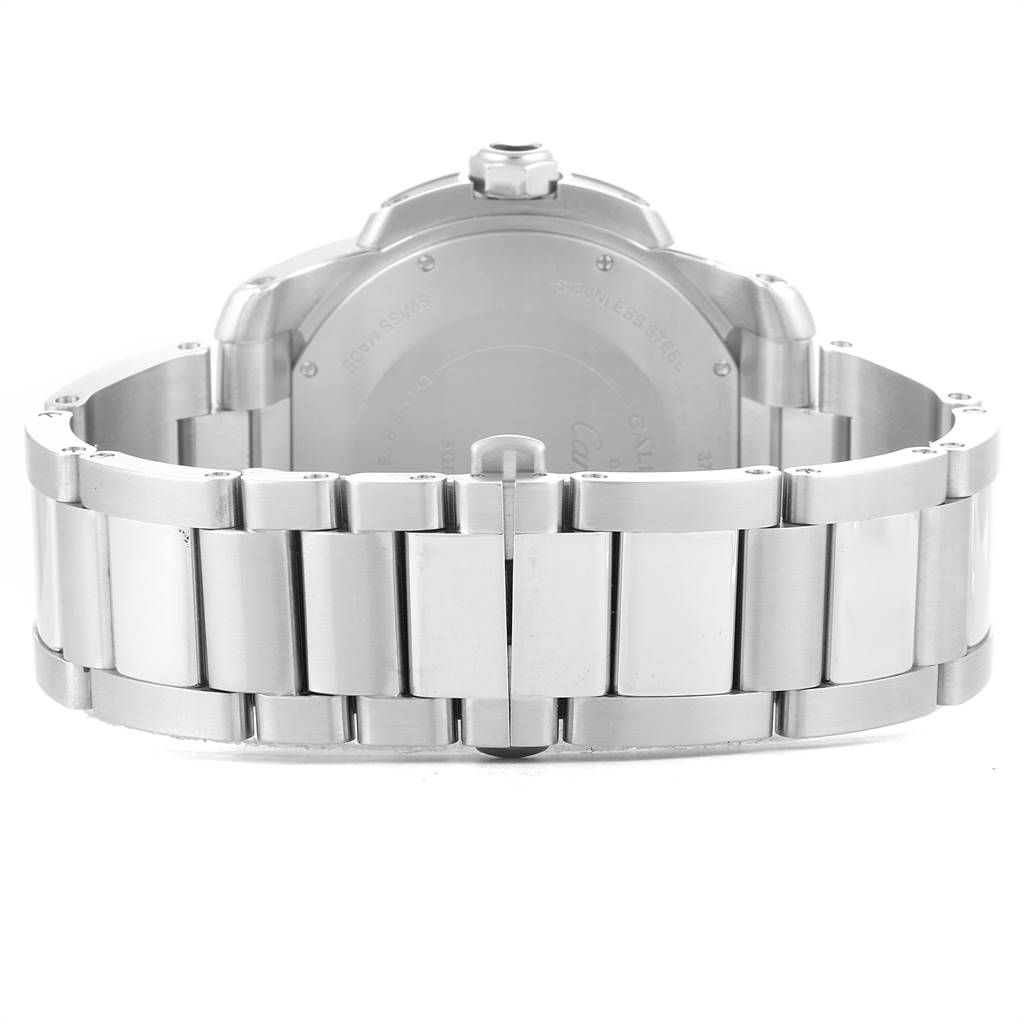 The image shows the back case and bracelet of a Calibre de Cartier watch by Cartier, viewed from the rear.