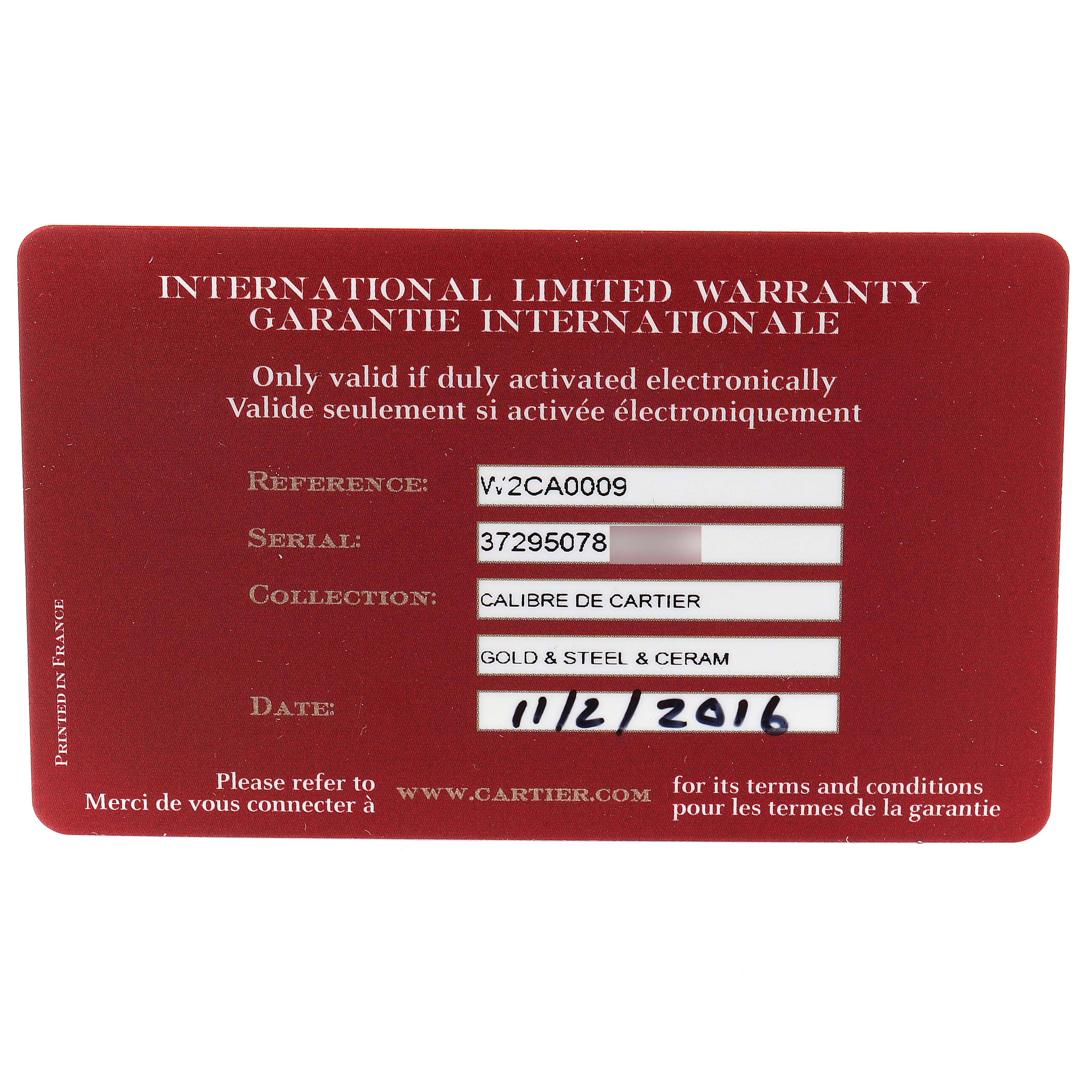 The image shows an international limited warranty card for the Calibre de Cartier model by Cartier.