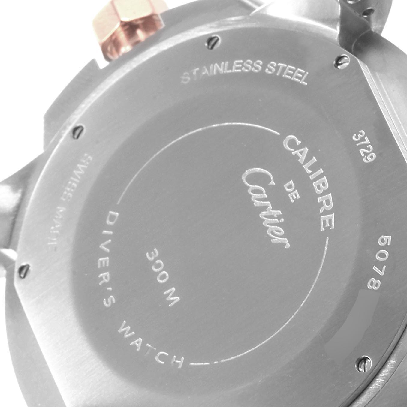 This image shows the stainless steel case back of a Calibre de Cartier model watch by Cartier.