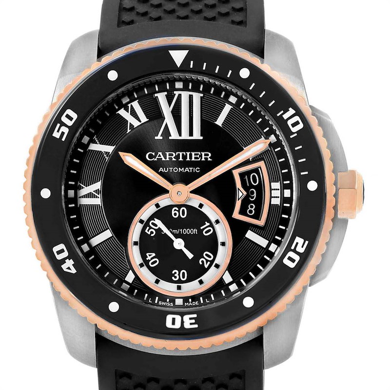 Cartier Calibre Diver Steel Rose Gold Rubber Strap Mens Watch W7100055 Box Card SwissWatchExpo