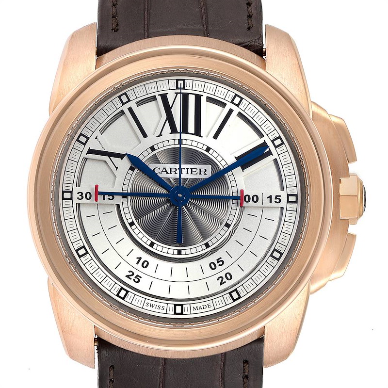 Cartier Calibre Central Chronograph Rose Gold Mens Watch W7100004 SwissWatchExpo