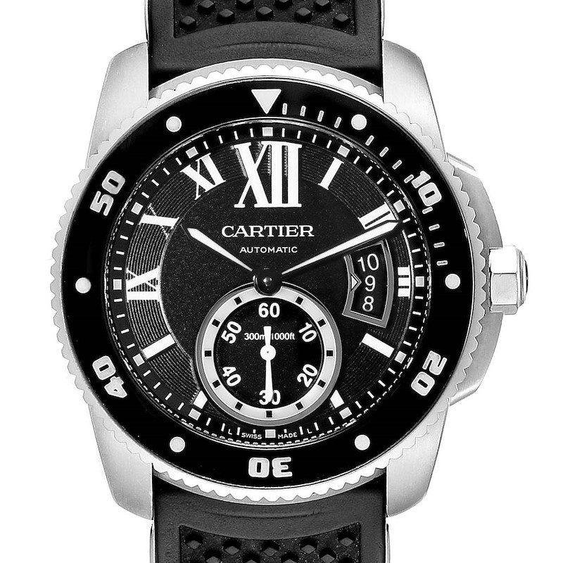 Cartier Calibre Diver Black Rubber Strap Steel Mens Watch W7100056 SwissWatchExpo