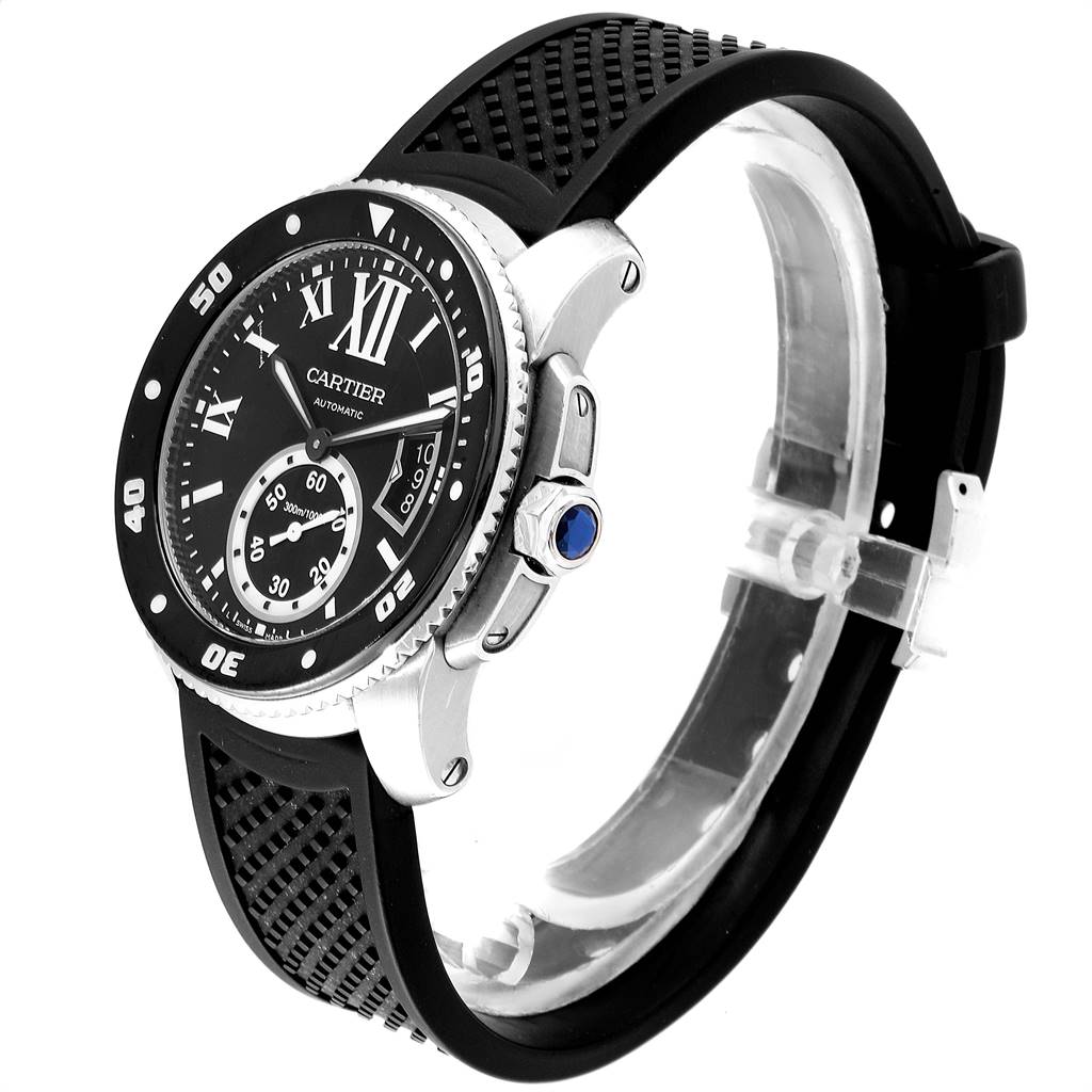 The image shows a side angle of the Calibre de Cartier watch by Cartier, displaying its face, bezel, crown, and black strap.