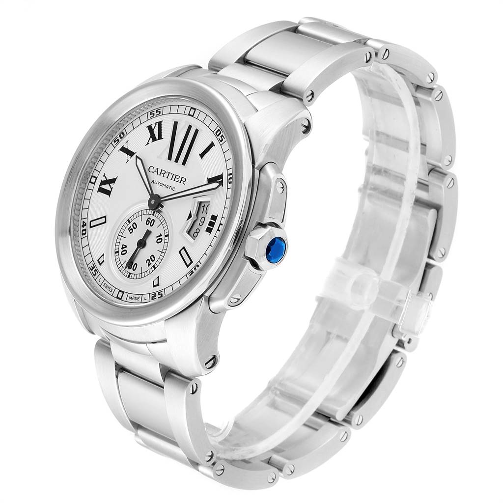 The image shows a side angle view of a Calibre de Cartier watch by Cartier, highlighting its face, bezel, and bracelet.