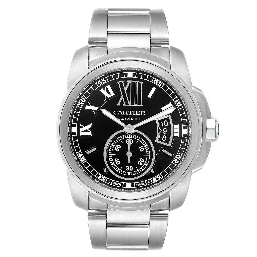 This is a front view of the Calibre de Cartier watch by Cartier, showcasing the dial, numerals, hands, date window, and bracelet.