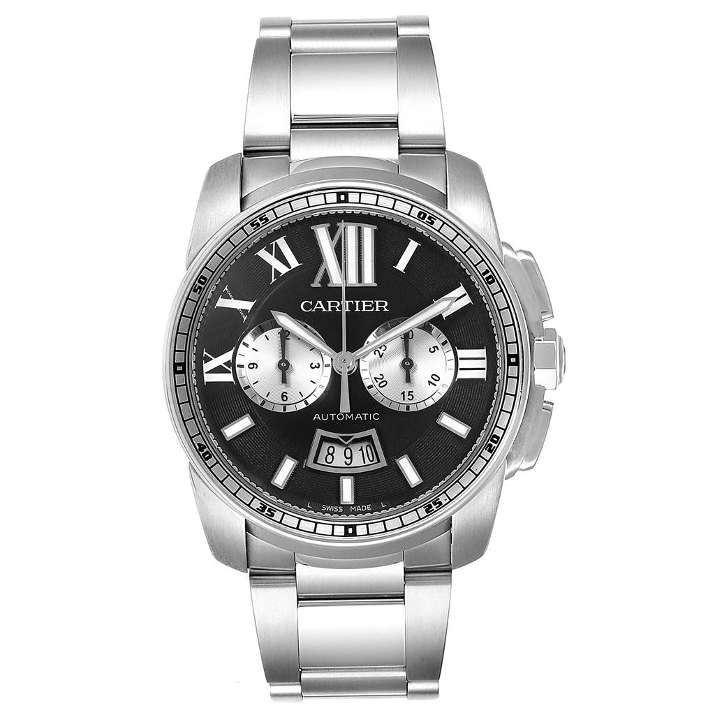 Cartier Calibre Black Dial Cronograph Steel Mens Watch W7100061 ...