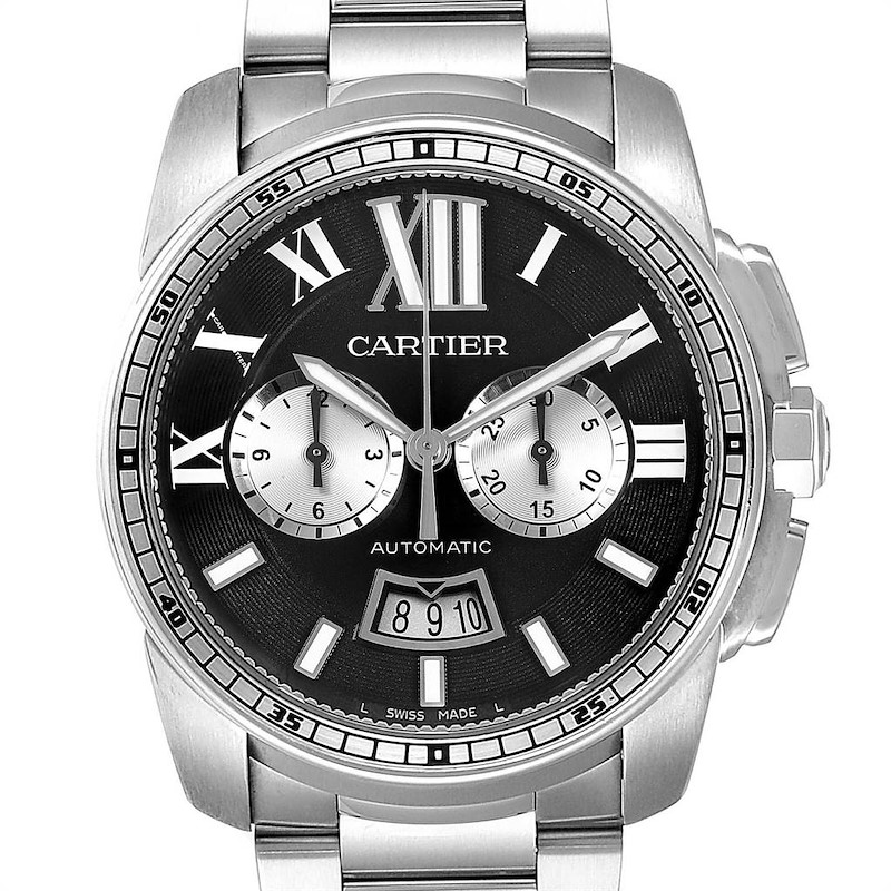 Cartier Calibre Black Dial Cronograph Steel Mens Watch W7100061 SwissWatchExpo