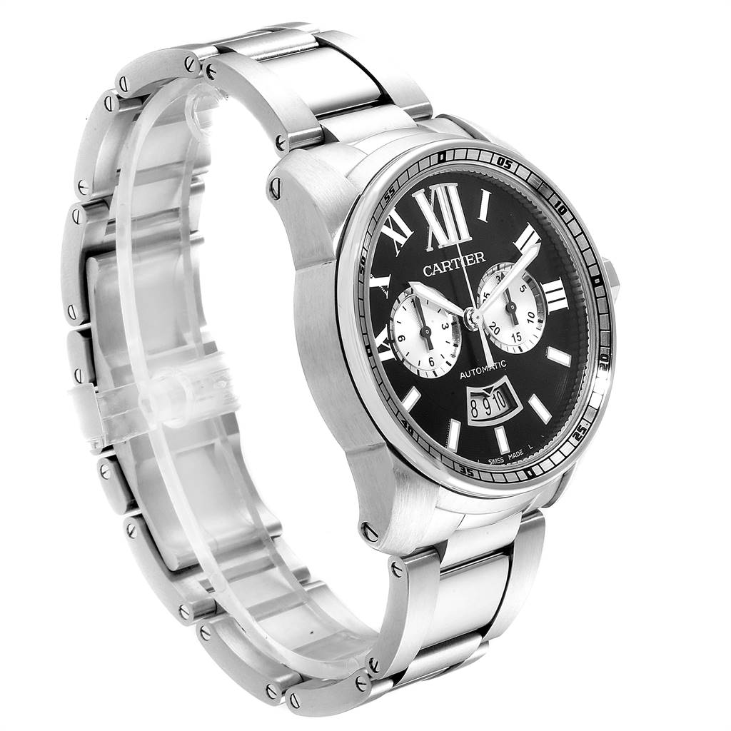 The image shows a side angle of a Calibre de Cartier watch by Cartier, highlighting its metal band and face.
