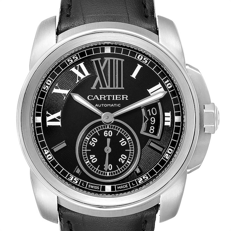 Cartier Calibre Black Dial Leather Strap Steel Mens Watch W7100014 SwissWatchExpo
